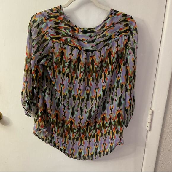 Express Sheer Printed 3/4 Sleeve Blouse with Front Tie S Dopamine Casual - Picture 2 of 12
